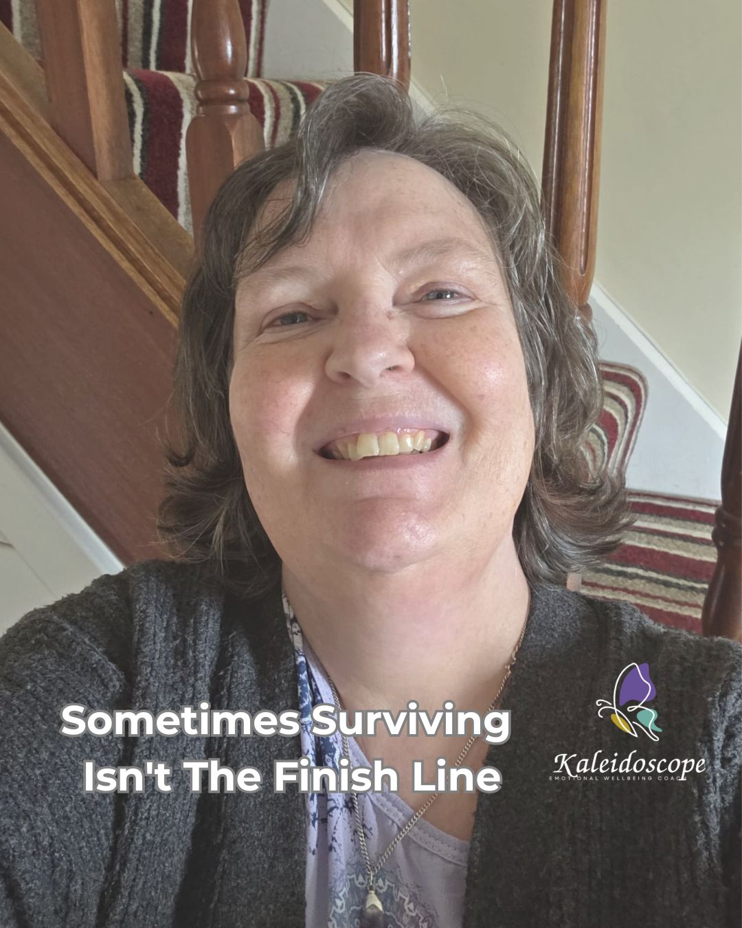 Smiling portrait of Valerie Crozier-Nicholl at home with the words "Sometimes Surviving Isn't The Finish Line" overlaid on the image. Valerie shares a personal reflection on learning to trust her body and navigate life after cancer treatment.